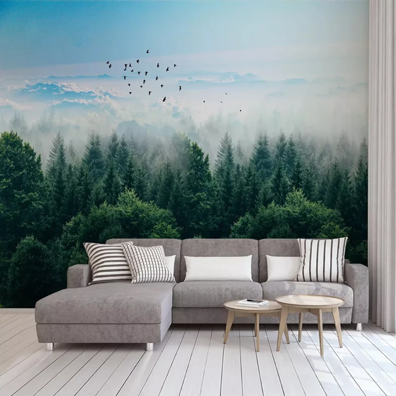 

Custom Wall Paper Nordic Forest Distant Mountain Birds Photo Wall Cloth Living Room TV Sofa Background Home Decor Wall Painting