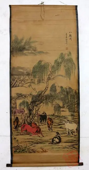 

Rare Old Chinese QingDyansty Scroll painting,Eight horses,exquisite designs,Hand-carved,Ancient,free shipping