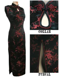 Black-Red Traditional Chinese Dress Women's Satin Long Halter Cheongsam Qipao Mujere Vestido Flower Size S M L XL XXL XXXL J3035