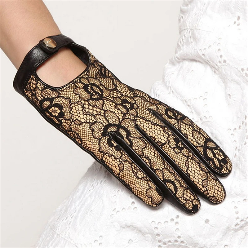 High Quality Brand Genuine Leather Gloves  Women Sheepskin Glove Fashion Trend Black Lace Driving Leather Gloves EL030NN-5