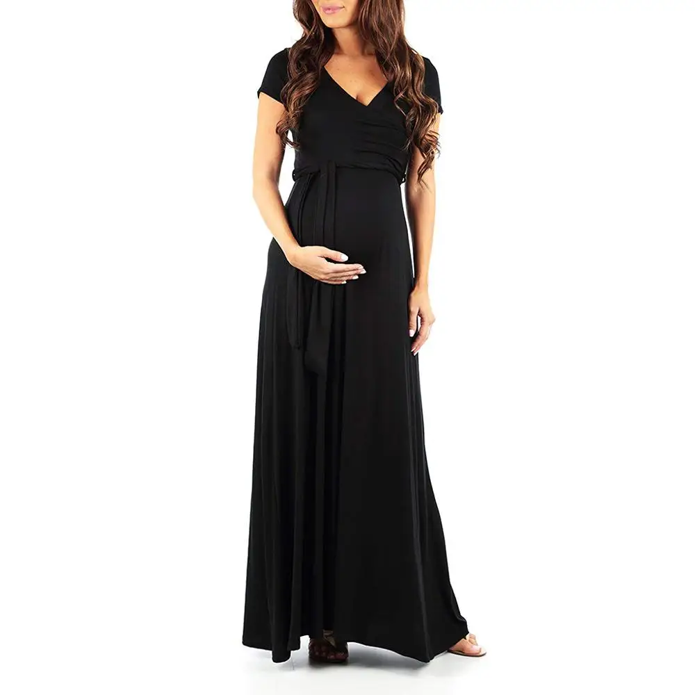 Pregnant Women Summer Evening Party Dress Clothes Women's Pregnancy V Collar Short Sleeve Dress Maternity Solid Color Sundress