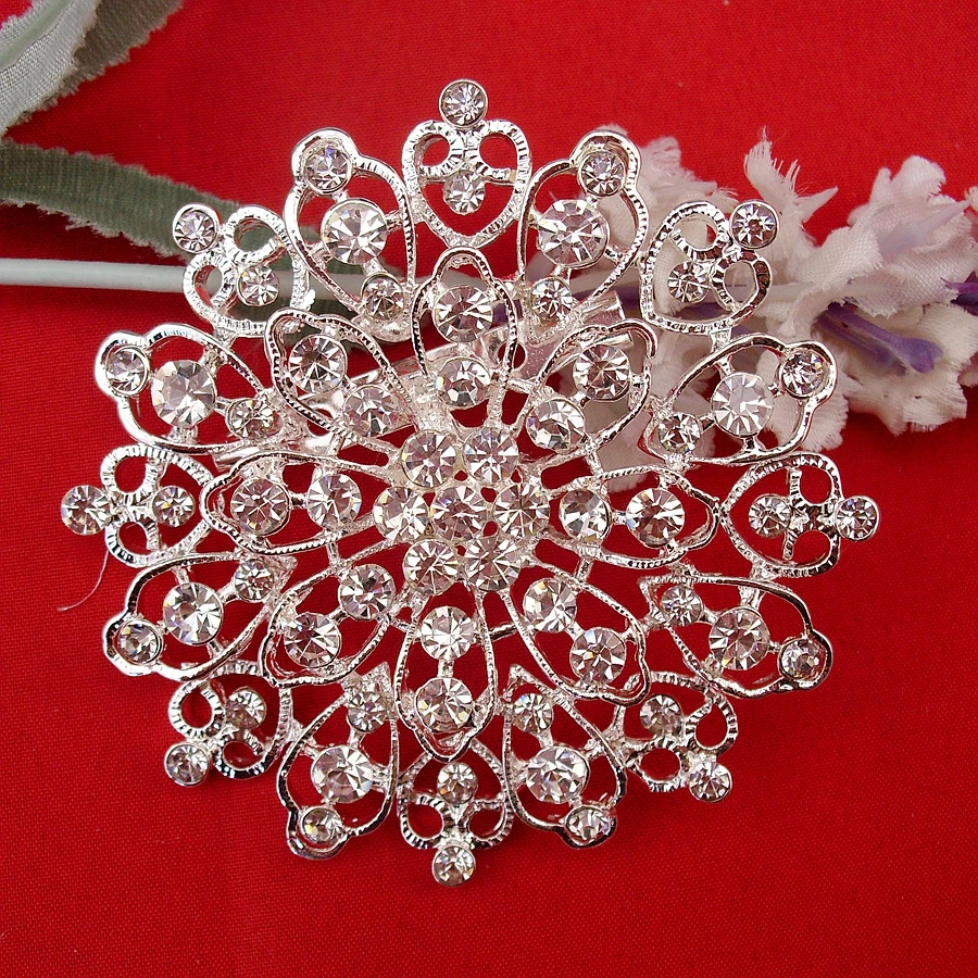 Fashion Large Round Elegant Vintage Rhinestone Snowflake Flower Style Silver Plated Star Pin Beautiful Brooch, Item No.: BH7469