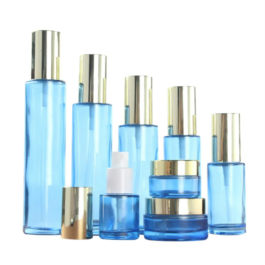 

120ml 100ml 80ml 60ml 40ml 30ml 20ml blue glass cosmetic bottle golden press pump empty bottle essence lotion perfume bottle