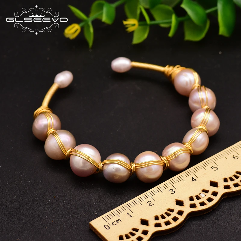 GLSEEVO Original Design Natural Fresh Water Purple  Pearl Handmade Open Bangle For Women Bride Wedding Luxury Jewelry GB0117