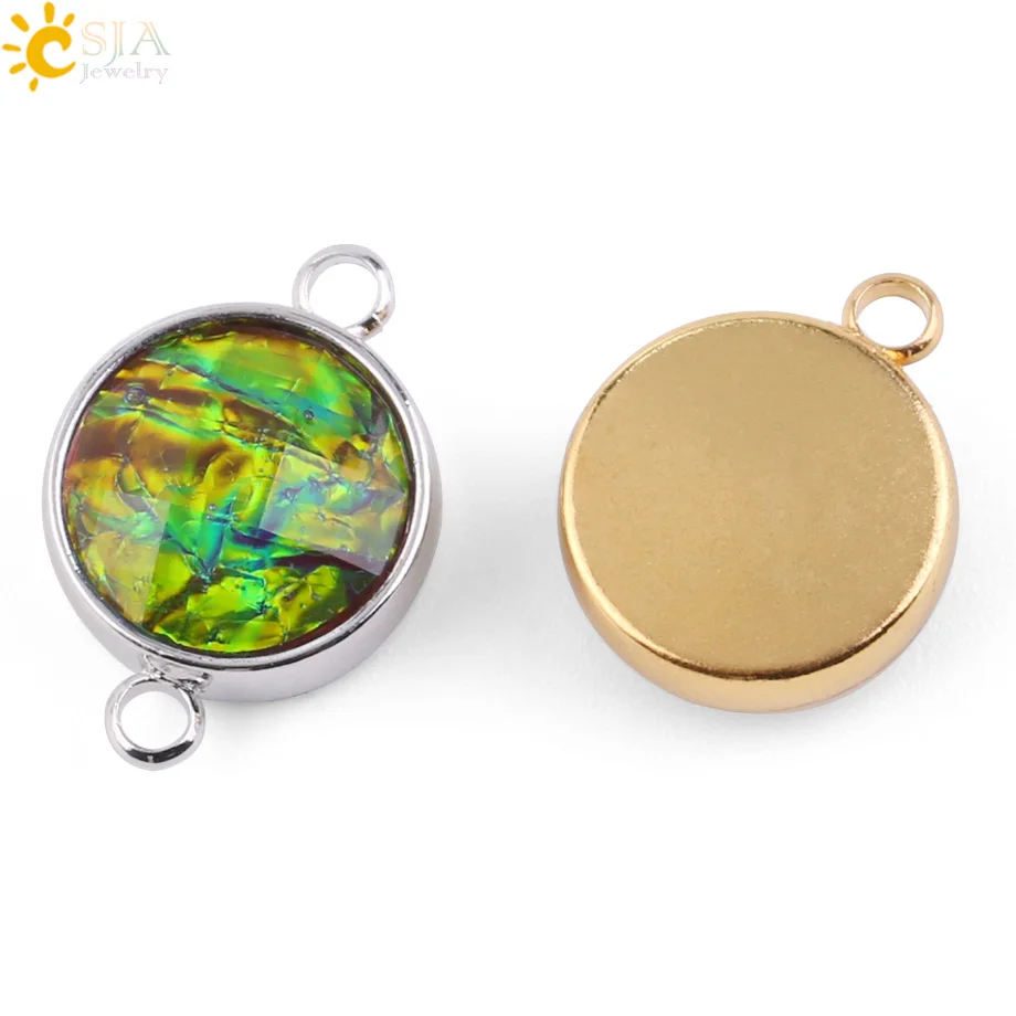CSJA 1pc Ammolite Connector Silver Color Round Charms for DIY Making Bracelet Necklace Earrings Accessories Crafts Jewelry G090