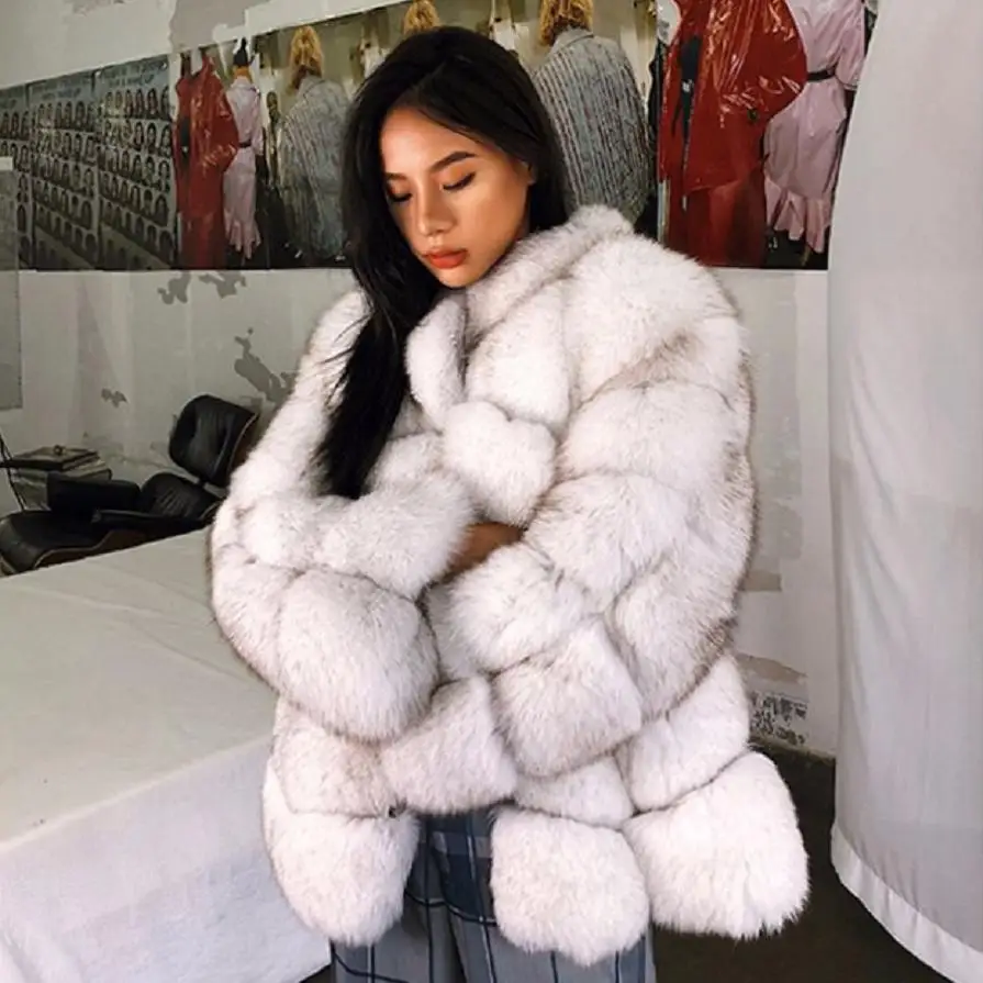 XS-4XL fashion Winter Women Luxury Faux Fox Fur Coat Furry Slim Fur Stitching jacket Thicker Fox Fur Outwear Feminino L1713