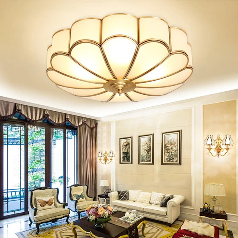 American Copper Body Ceiling Lights Glass Lampshade With E27E26 Led Lamp for Home Store Luxury Foyer Decoration Lighting Fixture