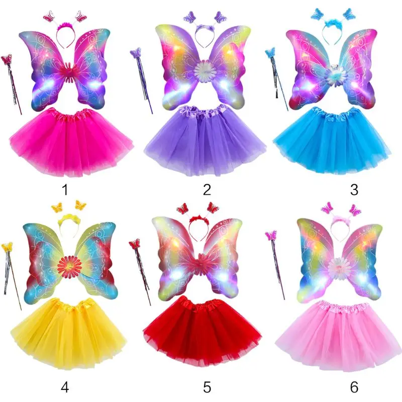 4Pcs Girls LED Fairy Costume Set Tulle Tutu Skirt Double Layer Butterfly Wings Wand Headband Princess Performance Stage Skirt