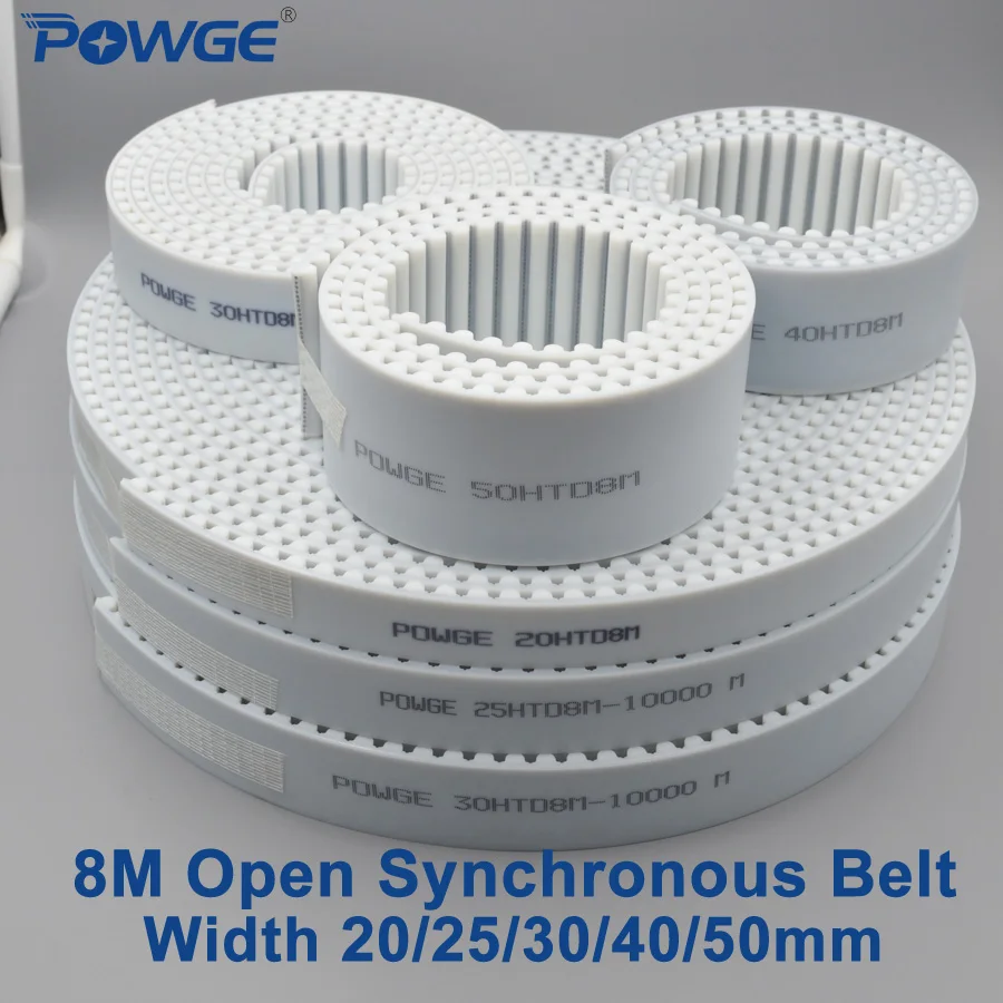 

POWGE Arc Tooth PU White HTD 8M Open Timing belt Width 20/25/30/40/50mm Polyurethane steel 8M-30mm HTD8M Synchronous Belt pulley