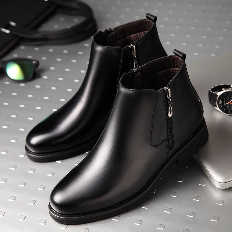 Round Toe Ankle Boot Slip On Leather Snow Boots Men Winter Casual Chelsea Boots Black Mens Winter Shoe