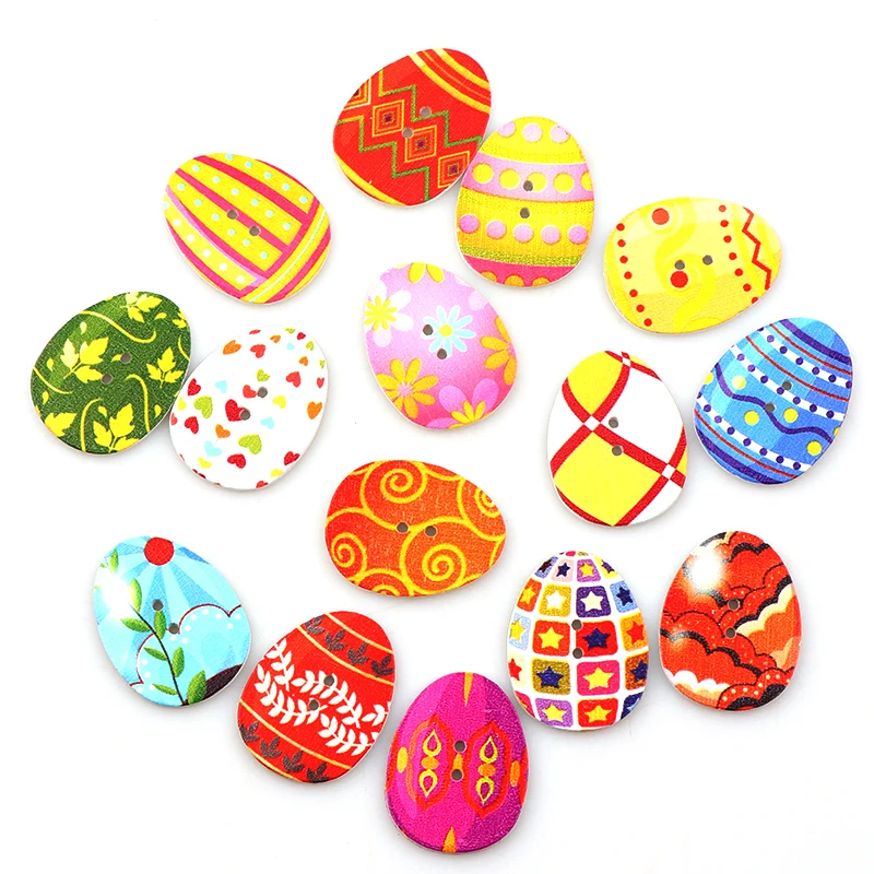 Fashion Egg Craft 50PCS 24*31MM Mixed BeautifulWooden Buttons Easter Eggs Painting 2 Hole Fit Sewing DIY Scrapbooking Craft