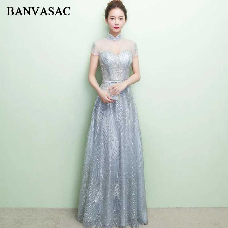 

BANVASAC 2018 Illusion High Neck Crystal Sash A Line Long Evening Dresses Elegant Lace Sequined Party Prom Gowns