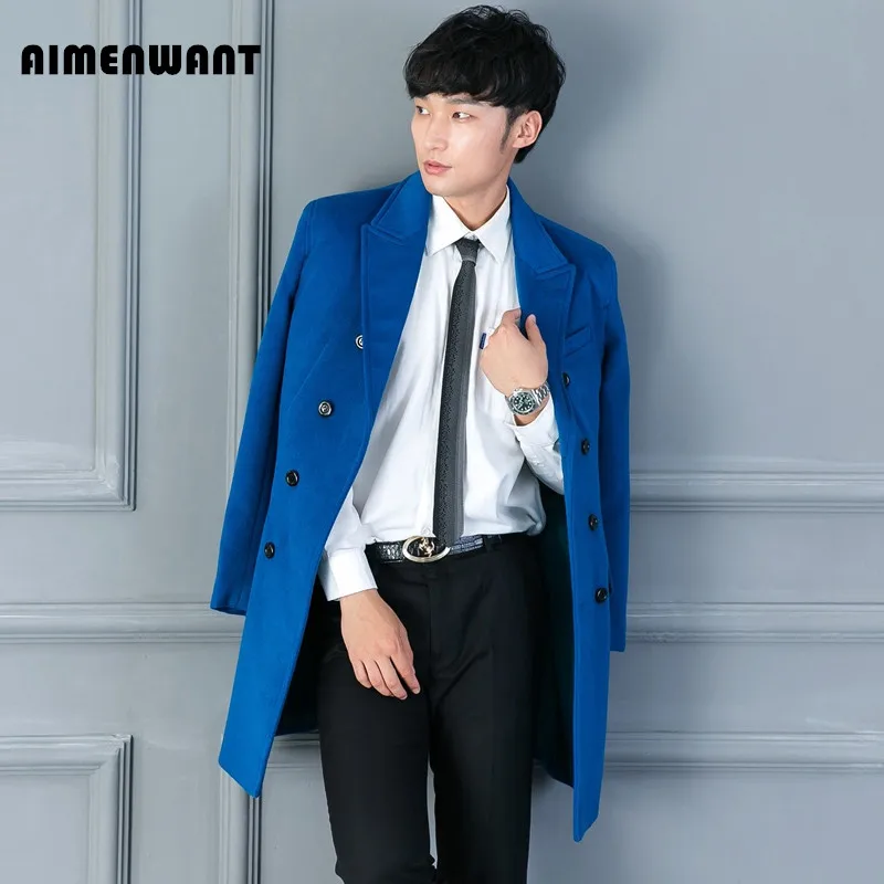 

Brand High Quality Lake Blue Woolen Coat Mens Causal Business Long Black Wool Trench uk Male Slim Fashion Overcoat