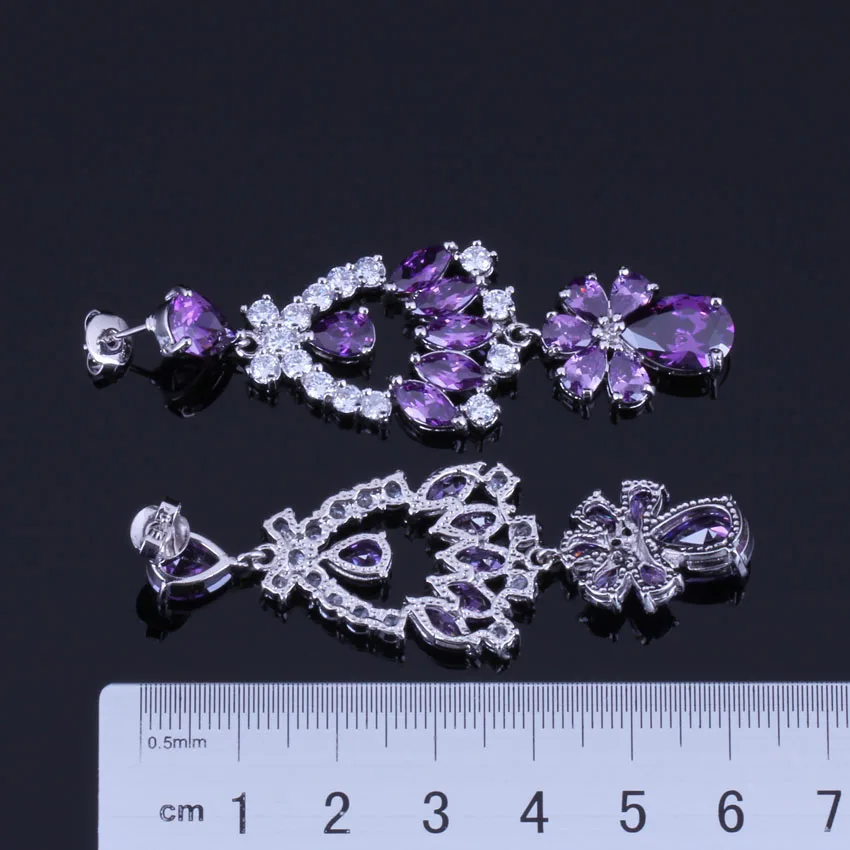 Delightful Huge Purple Cubic Zirconia White CZ Silver Plated Drop Dangle Earrings V0335