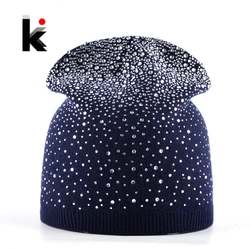 Female Winter Beanie Hats Rabbit Wool Knitted Cap Women Flashing Rhinestone Bonnet For Girl Skullies Hat Touca Feminina Inverno