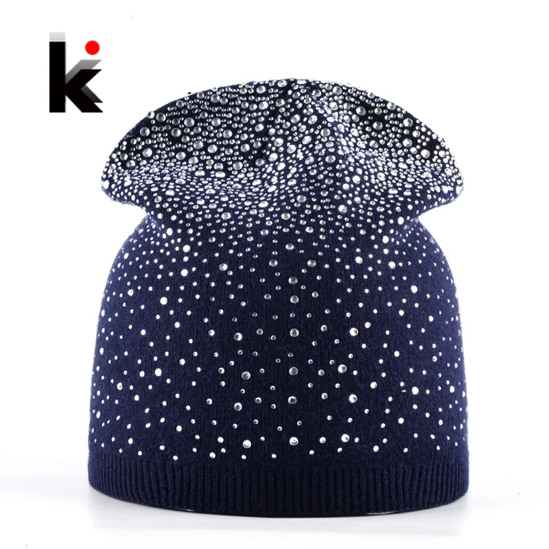 Female Winter Beanie Hats Rabbit Wool Knitted Cap Women Flashing Rhinestone Bonnet For Girl Skullies Hat Touca Feminina Inverno