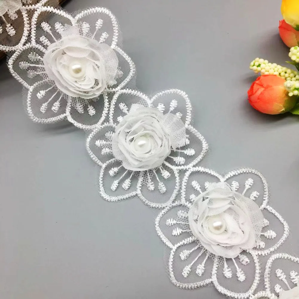 

2 Yards Vintage Snow Lotus Flower Pearl Lace Trim Ribbon Fabric Embroidered Applique Sewing Craft Crochet Wedding Dress