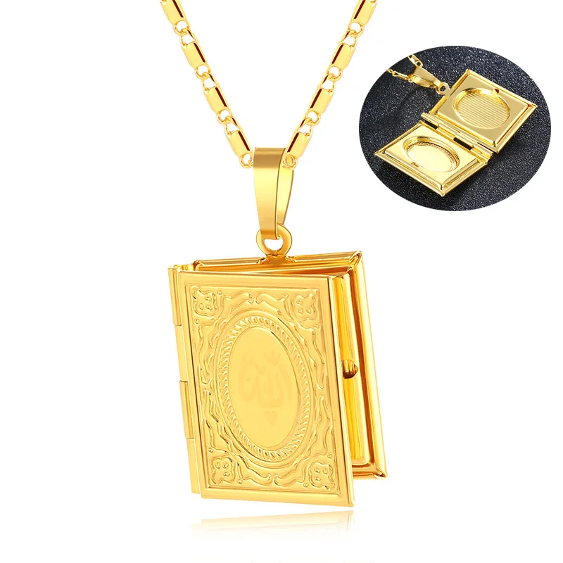 Gold Color Islam Allah Muslim Necklace Quran Koran Book openable Box Pendant With Chain Muhammad Religion Jewelry Gift