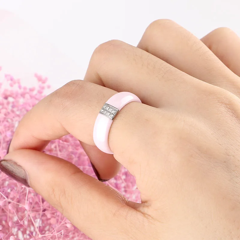 Hot Sale Pink Ring Women Stainless Steel Silver Plated Pink Ceramic Ring 6mm Natural Stone Brand Ring For Women Anniversary Gift