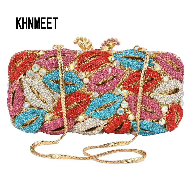 

KHNMEET Clutch bags red lips crystal evening bags Luxury Diamond bags for women wedding pochette bag Box Handbags SC73