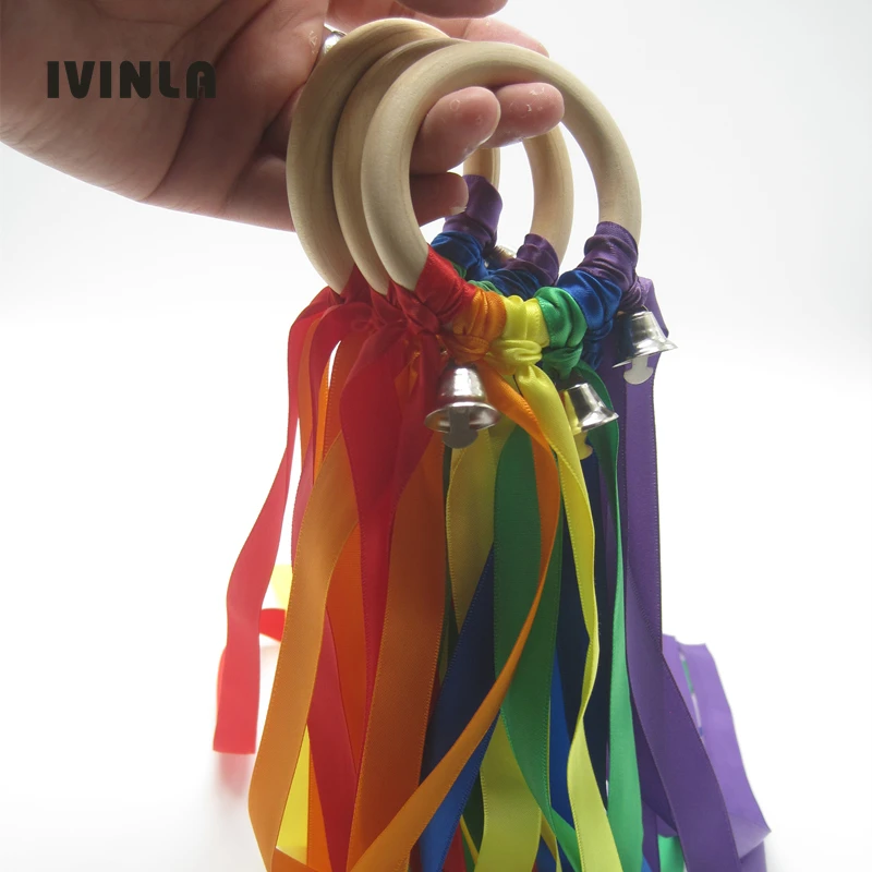 Newest 20 Pieces/Lot Rainbow wooden ribbon ring waldorf toys hand kite baby teether