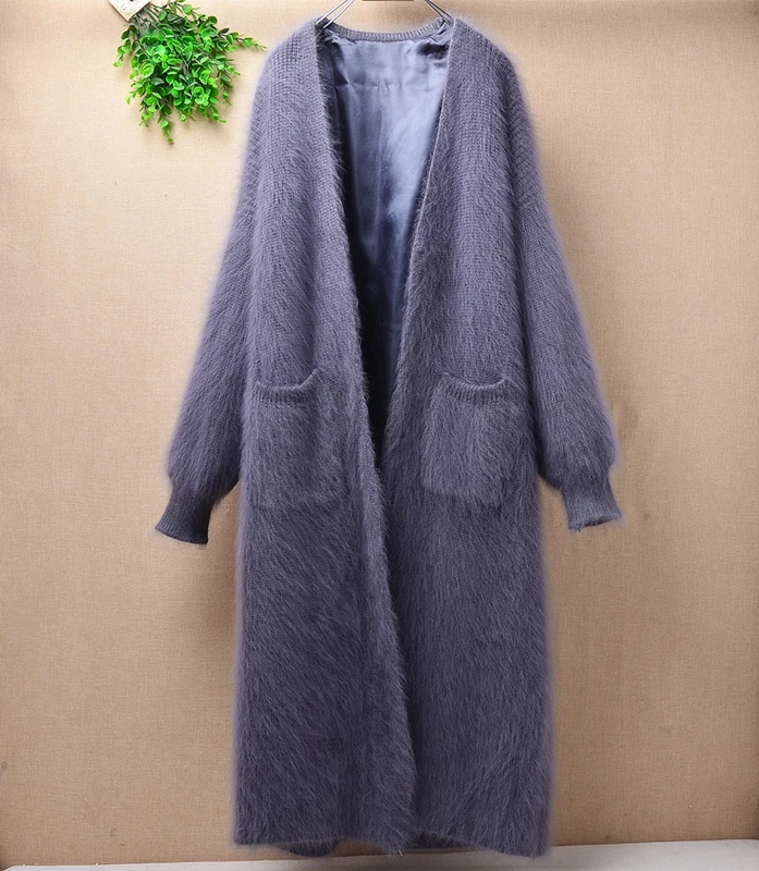 Lady women winter thicken warm long plush mink cashmere cardigan long sleeves loose angora fur knitwear sweater top coat mantle