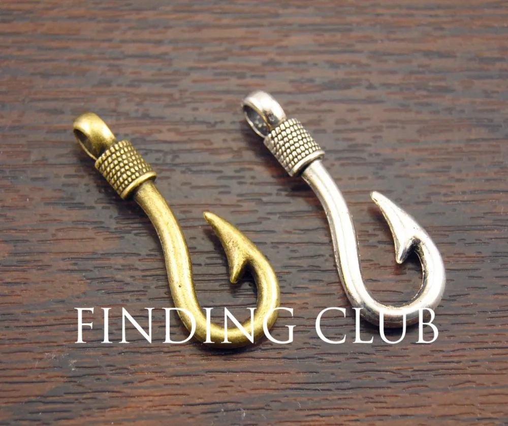 20 pcs 2 Colors Fish Hook Charm Pendants DIY Metal Bracelet Necklace Jewelry Findings 13x36mm A462/A463