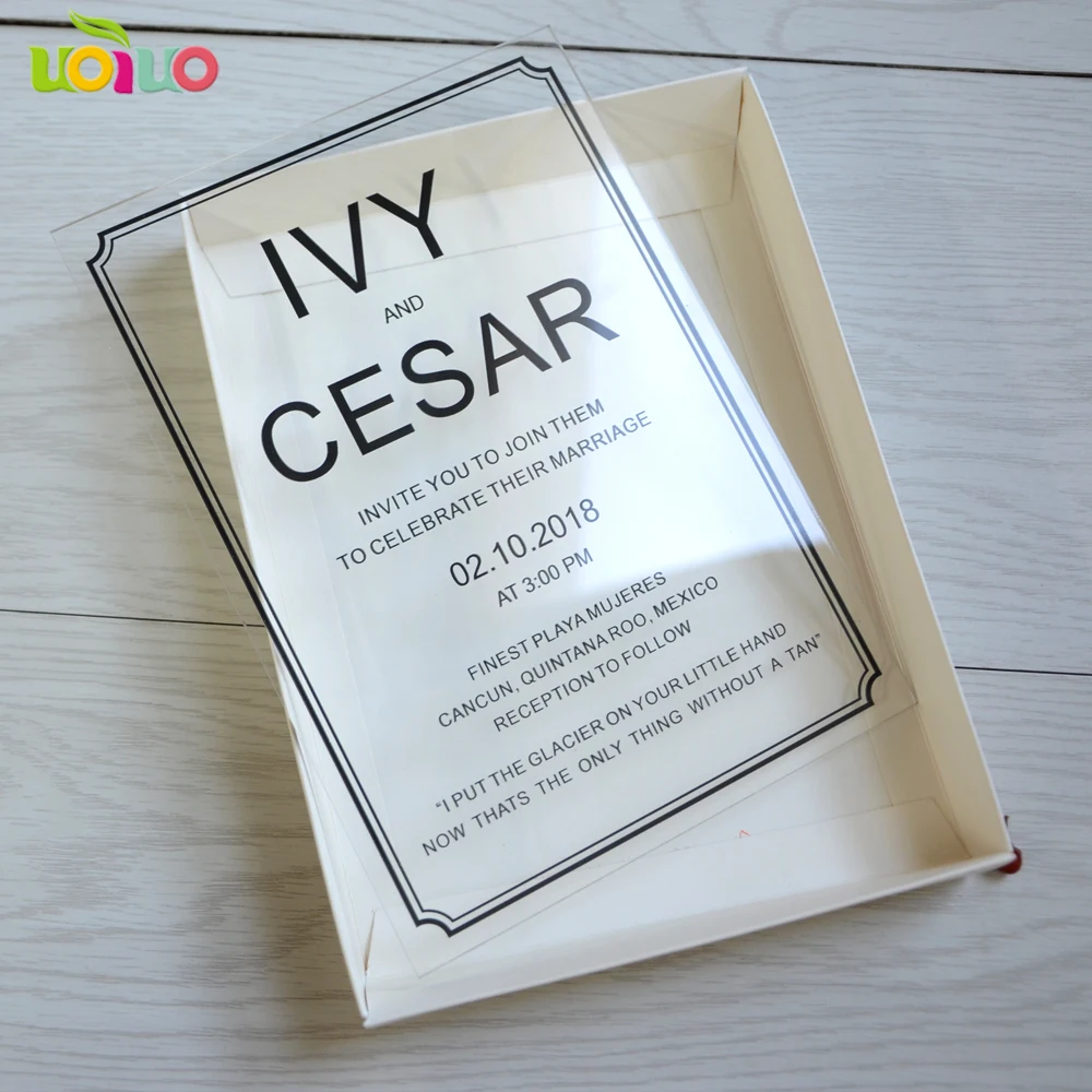 

hot sell laser cut personalized printing acrylic wedding invitation card clear glass lace invitations with black words printing