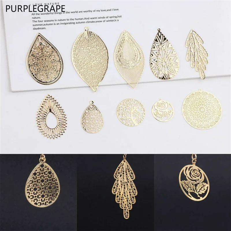 DIY ear jewelry accessories copper plated earrings pendant material 18k real gold water drops leaves round Mori retro 4 pieces