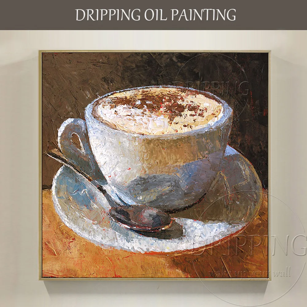 Special Wall Decor Hand-painted Impression A Cup of Cappuccino Oil Painting on Canvas Coffee Oil Painting for Kitchen Decoration