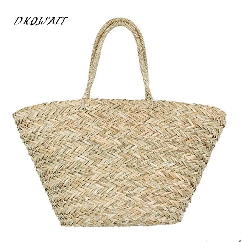 New Bohemian Beach Bag Women Handmade Straw Bags Summer Grass Handbags Drawstring Basket  totes bag Travel Tote Large size