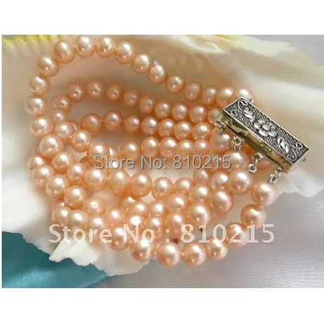 

Stunning 4 Rows AAA 7-8MM Round Shaper Pink Color Genuine Freshwater Pearls Bracelet Fashion Pearl Jewelry New