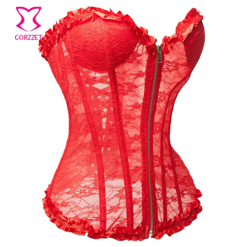 Red Transparent Floral Lace Zipper Corset Top Padded Cup Body Shaper Women Bridal Corselet Overbust Bustier Sexy Gothic Lingerie