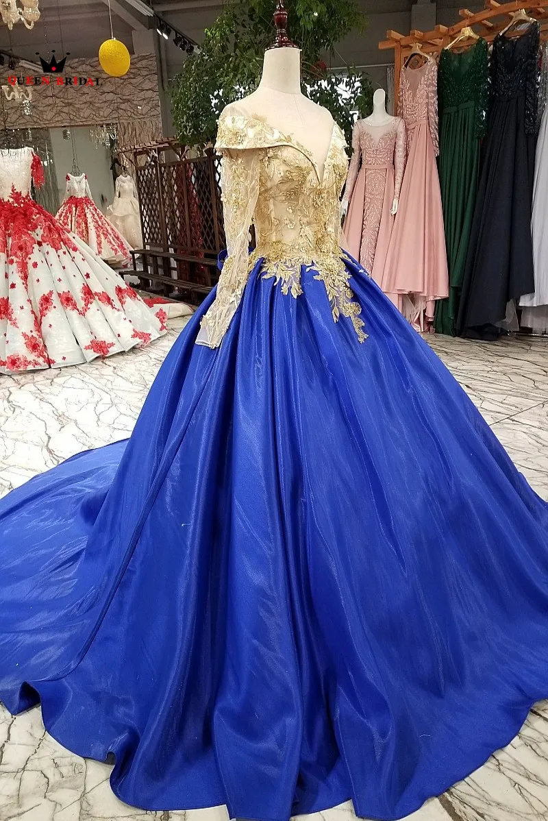 Vestido De noche azul Real De lujo con Apliques De encaje y cuentas, manga larga, 100%, 2021