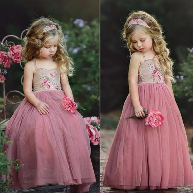 2019 New Princess Dress Kids Girl Pink Lace Flower Strappy Dress Maxi Long Princess Party Children Summer Ball Gown Formal Dress