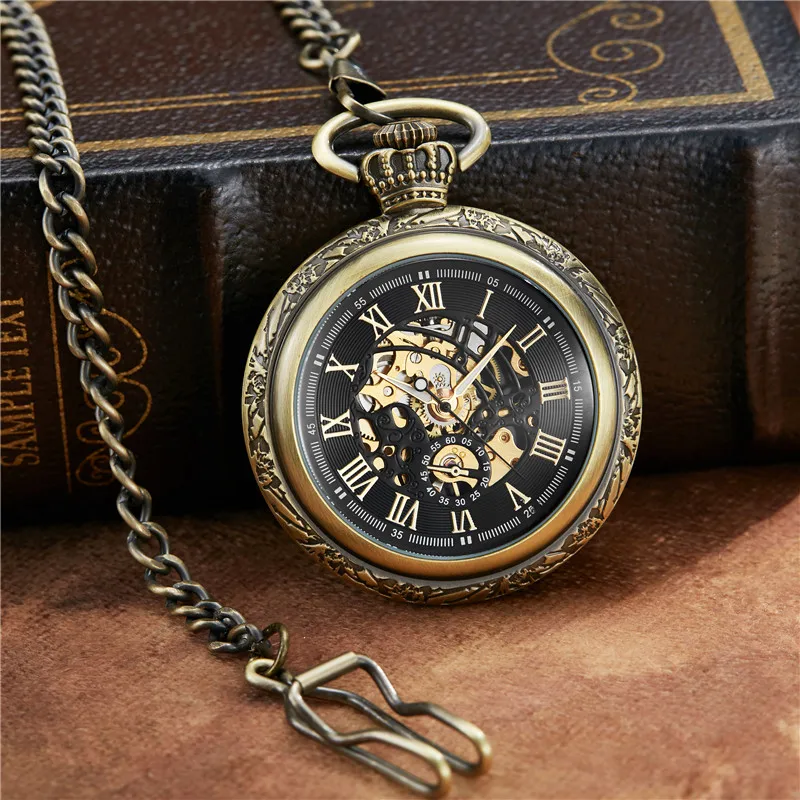 Vintage Mechanical Pocket Watch Hollow Phoenix Bird Roman Skeleton Clock Hand Winding Men Fob Chain Watches Double Case Clock