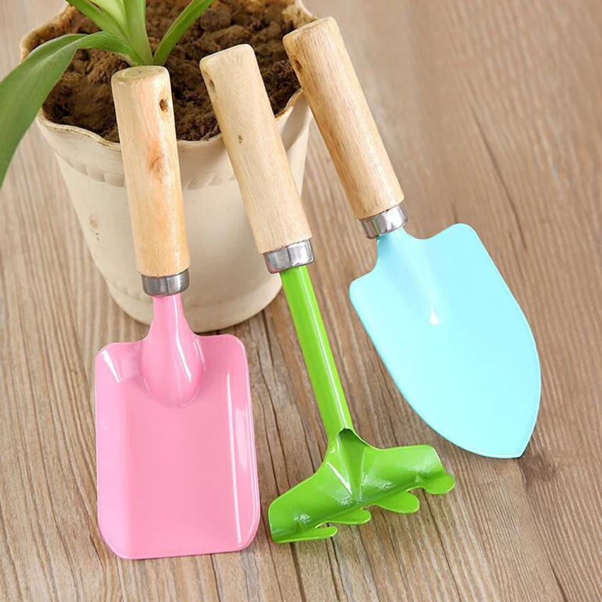 

Hot Selling 3PC/set Mini Garden Hand Tool Kit Plant Gardening Shovel Spade Rake with Wood Handle Metal Head for Gardener
