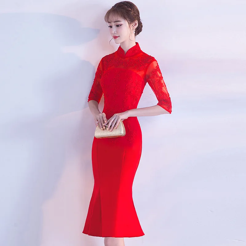 Red Half Sleeve Elegant Oriental Lady Wedding Cheongsam Traditional Chinese Bride Mermaid Dress Mandarin Collar Long Qipao