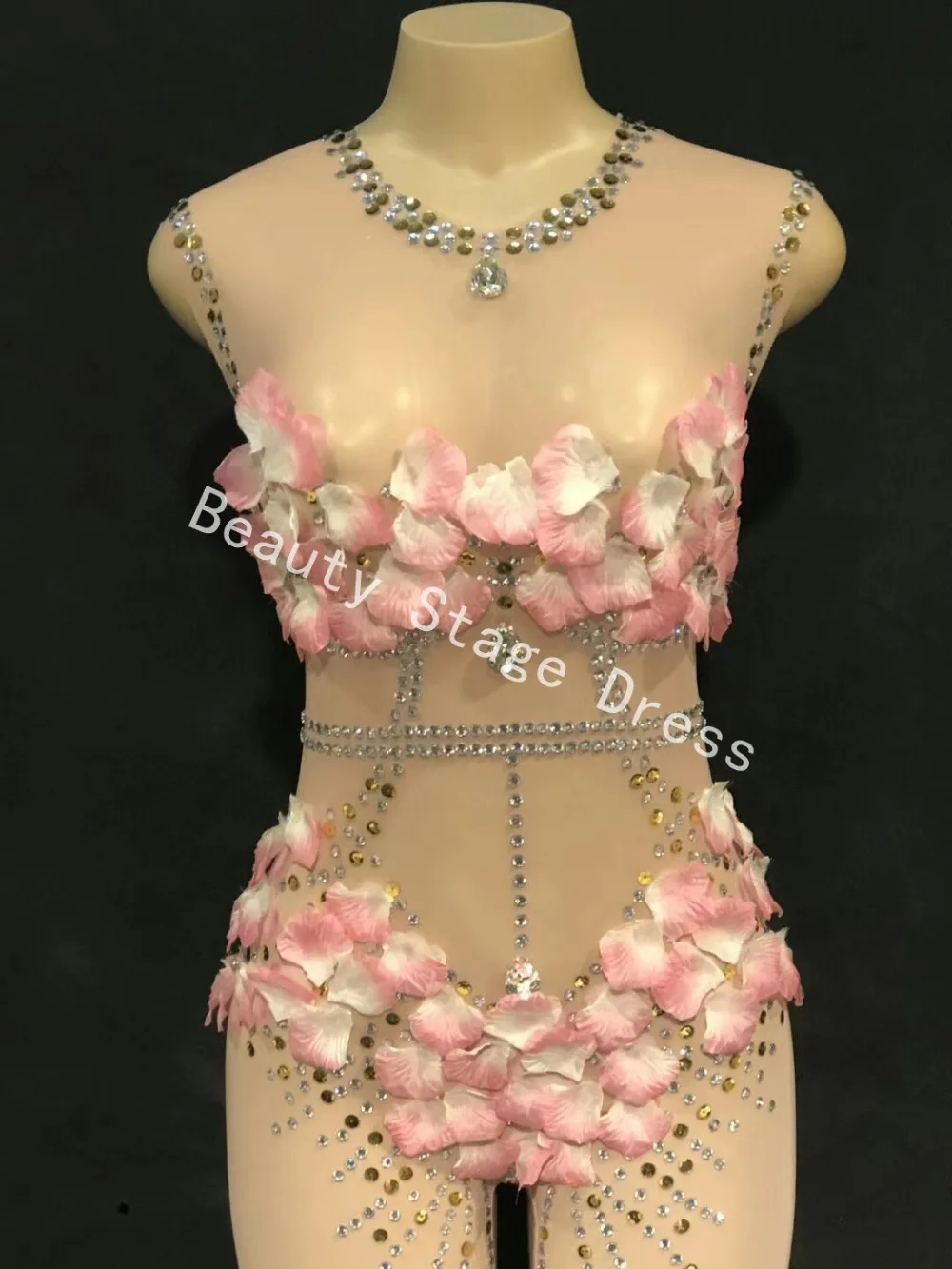 Sexy Rose Flower Rhinestones Mesh See Through Jumpsuit Women's Birthday Show Perspective Stage Dance Wear Bar Nightclub Bodysuit