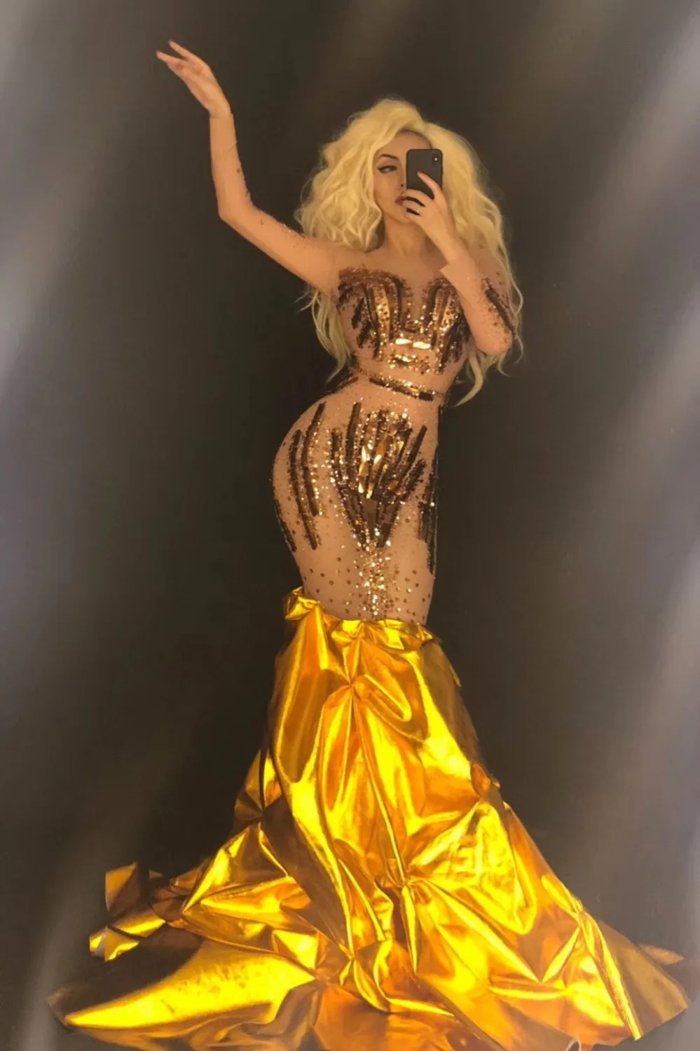 Vestido de lentejuelas doradas con diamantes de imitación brillantes para mujer, vestido Formal de noche para cantante, traje de una pieza para Bar, traje de actuación para escenario