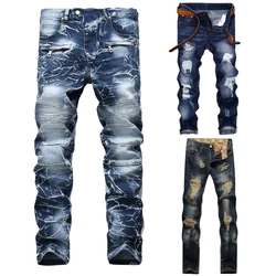 High Quality Men Casual Ripped Jeans Washed Straight Slim Pleated Motorcycle Biker Jeans Pants Male Denim Trousers Plus Size 42