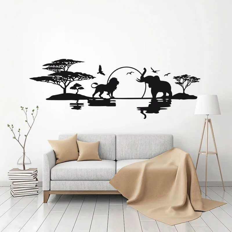 Savannah Horizon Vinyl Wall Art Decal Lions Birds and Elephants Mural Art Sticker Living Room Home Decor Poster House Decoration