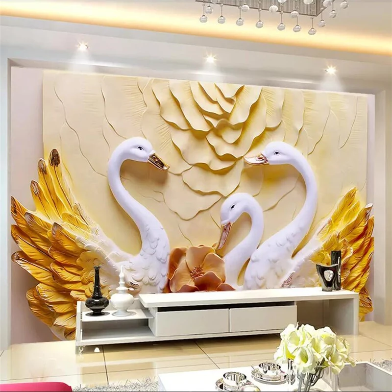 wellyu Large beautiful decorative painting living room wall swan embossed background wall custom large mural green wallpaper