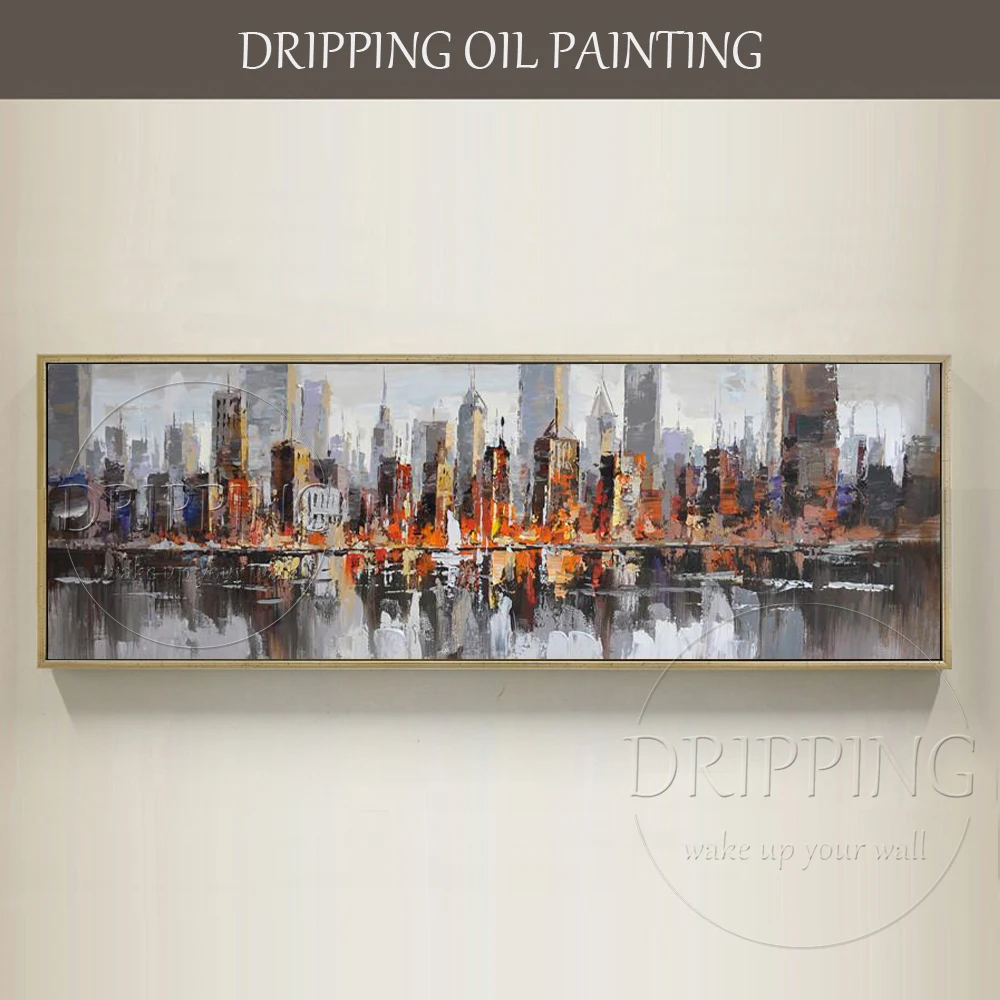 

Professional Artist Hand-painted High Quality Abstract Cityscape Oil Painting on Canvas Super Long Size Building Oil Painting