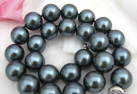 

18"14mm round black south sea shell pearl necklace AAA style Fine Noble real Natural free shipping