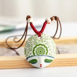 China Ceramic Girl Face Pendant Retro style artware vintage ceramic beads women necklaces #IY374