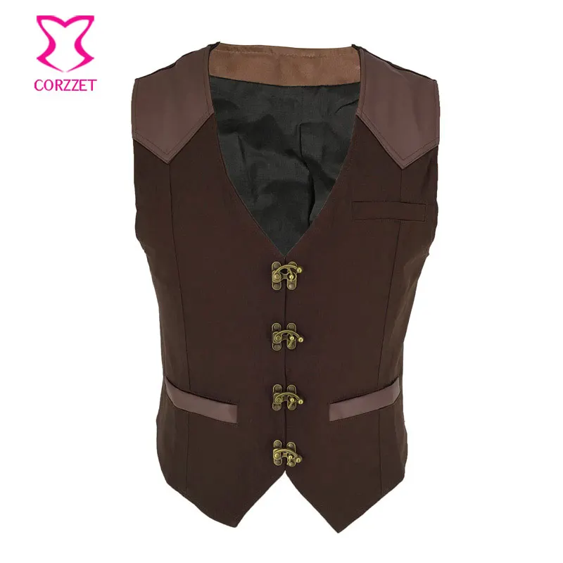 New Brown V-neck Leather Steampunk Gothic Jacket Men Slim Fit Sleeveless Vest Suit Vintage Gilet Homme Waistcoat chaqueta hombre