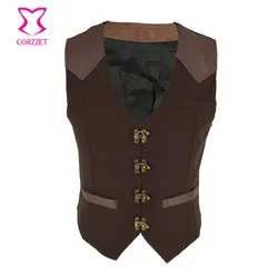 New Brown V-neck Leather Steampunk Gothic Jacket Men Slim Fit Sleeveless Vest Suit Vintage Gilet Homme Waistcoat chaqueta hombre