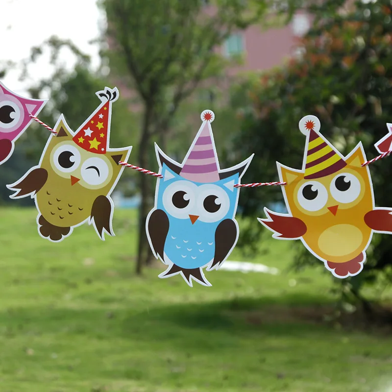 400Set/lot Happy Birthday Paper Owl Flags Bunting Banners Letter Garlands Baby Boy&Girl Kids Birthday Party Decorations