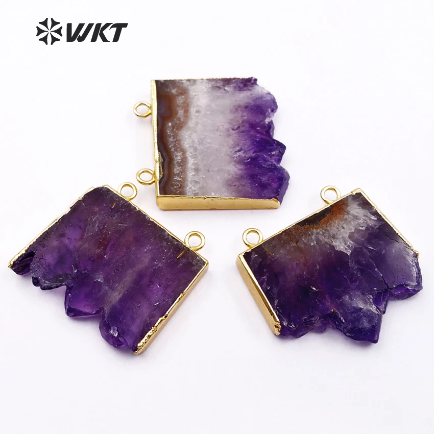 

WT-P211 WKT Wholesale Double Loops Natural Slice Purple Crystal Pendants Lovely Connector With Gold Edged For Necklace Design